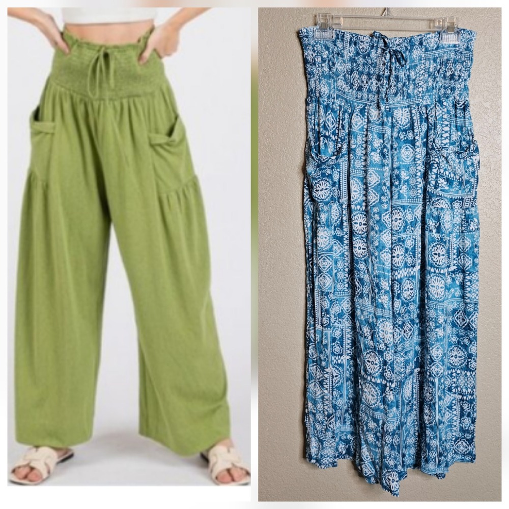 NWT Sage+Fig Blue White Tile Print Wide Leg Smocked Waist Palazzo Pants Medium